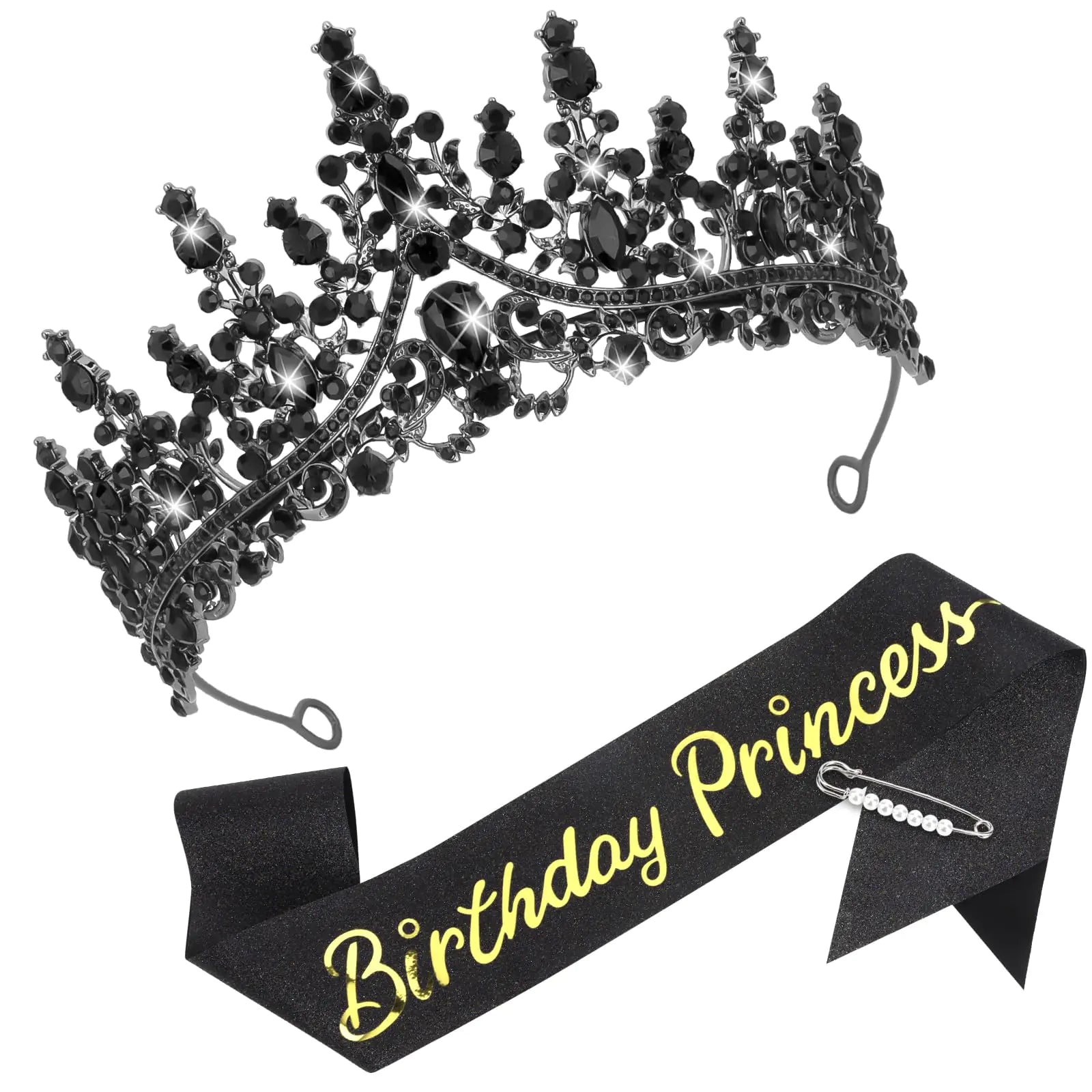 CAVETEE Princess Crown and Birthday Princess SashBlack Birthday Tiara With Glitter Sash for Princess Party Decorations Happy Birthday Accessories Birthday Crown and Tiara for Women Girls