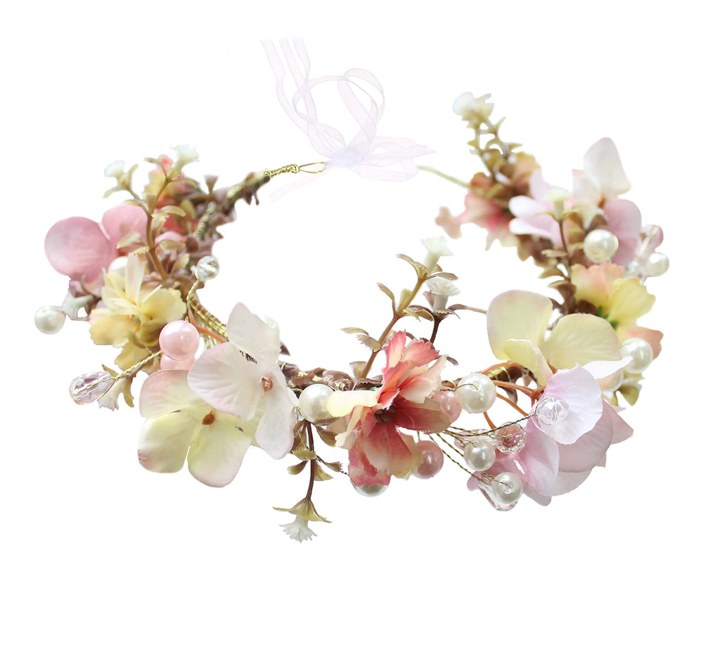 Vivivalue Bridal Floral Headband Women Floral Crown Hair Wreath Flower Headpiece Halo Boho with Ribbon Wedding Party Festival Photos