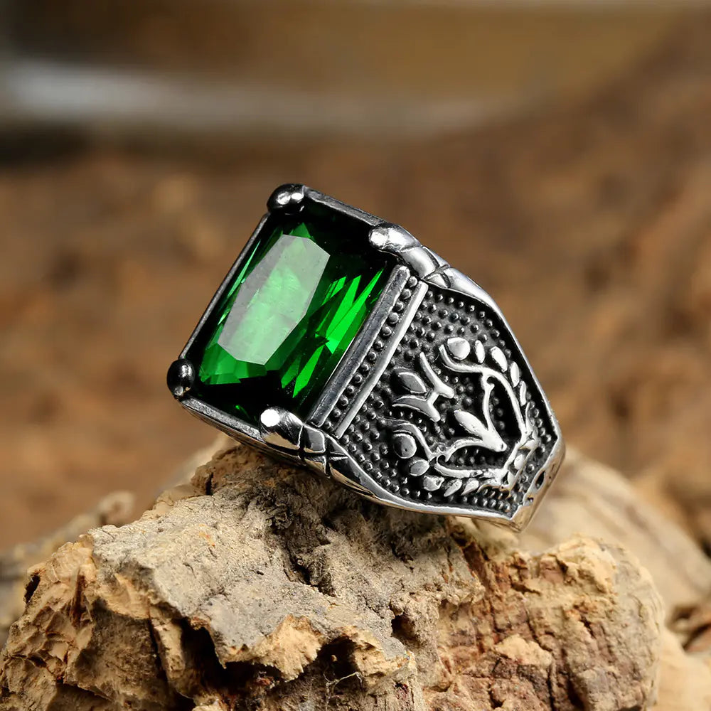 Vintage Stainless Steel Men's Rings with Ruby Design