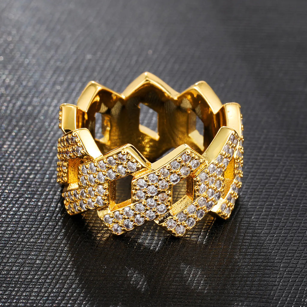 Men's Gold-Plated Copper Ring with Zirconia, Hip-Hop Style
