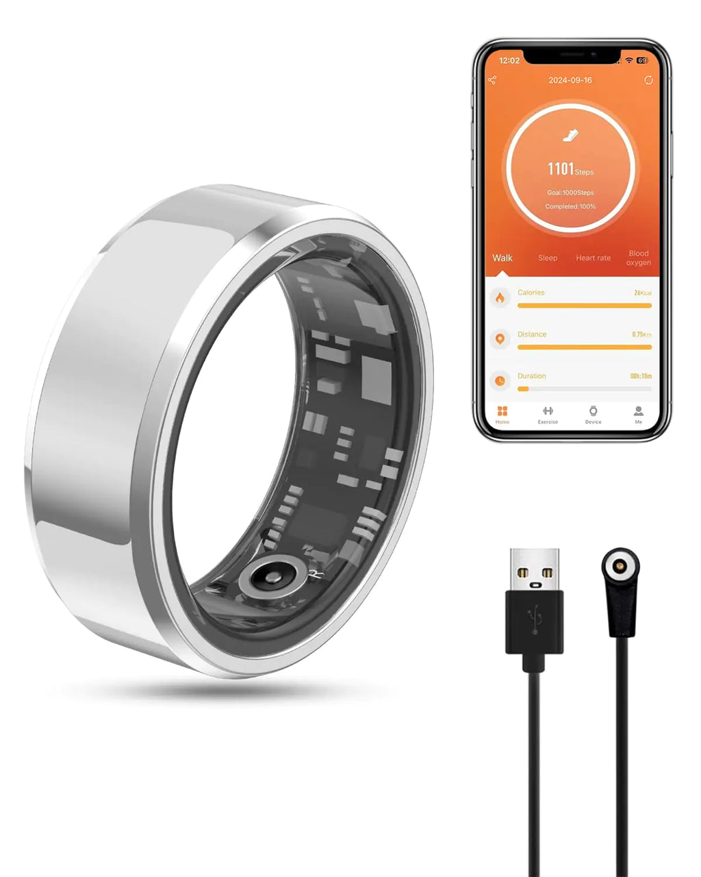 2024 New Smart Ring Health Tracker for Men Women - Bluetooth 5.0 IP68 Waterproof Shake to Take Photos Health Sleep Heart Rate Blood Oxygen Tracker Utra Battery Life No Charging case Silver 10#