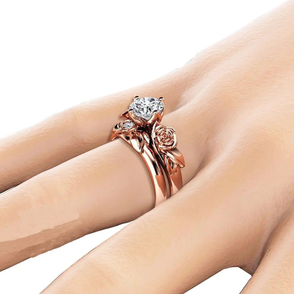 Rose Gold Couples Rings with Floral Diamond Design