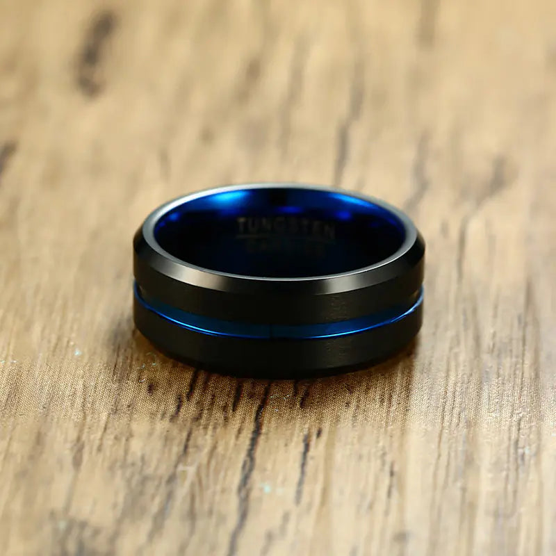 Tungsten Steel Men's Ring with Blue Inlay