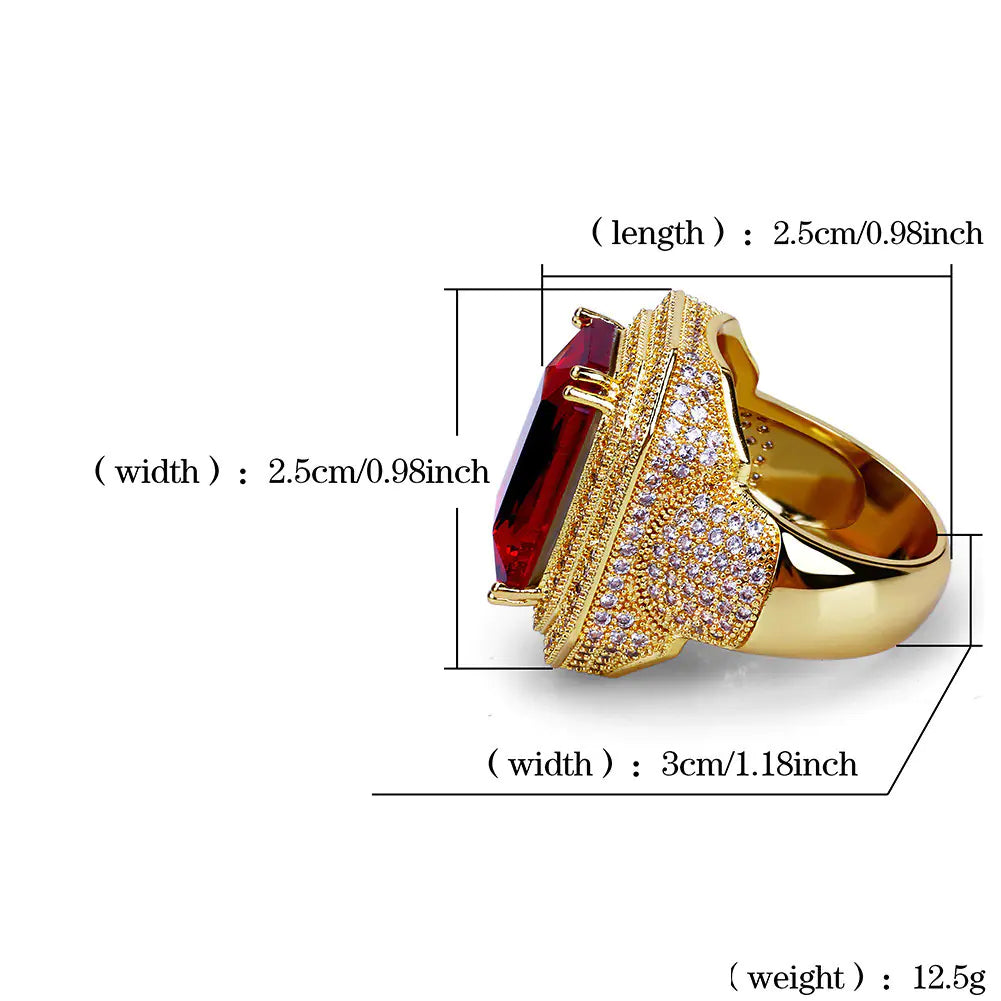 Gold-Plated Zirconia and Ruby Hip Hop Ring