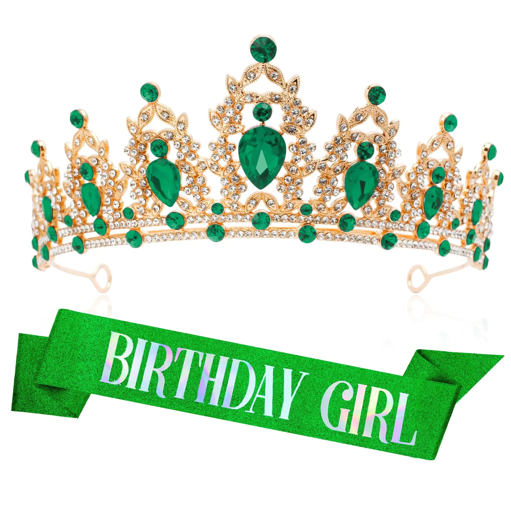 Birthday Crown Headband Birthday Sash Tiaras for Women Green Crown Green Tiara Crystal Crown Birthday Tiara for Women Tiara Crown Adult Birthday Girl Sash and Crown for Birthday Party