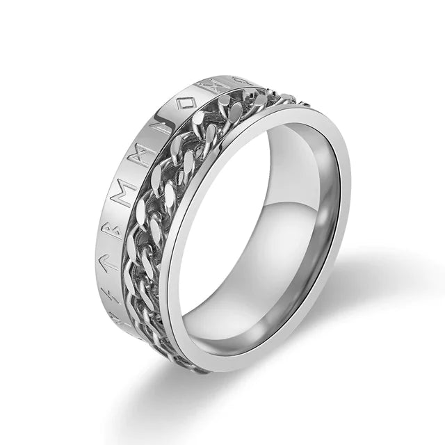 Titanium Steel Viking Text Chain Ring - Rotatable Design