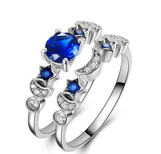 Creative Star Moon Ring with Blue Gemstone for Women