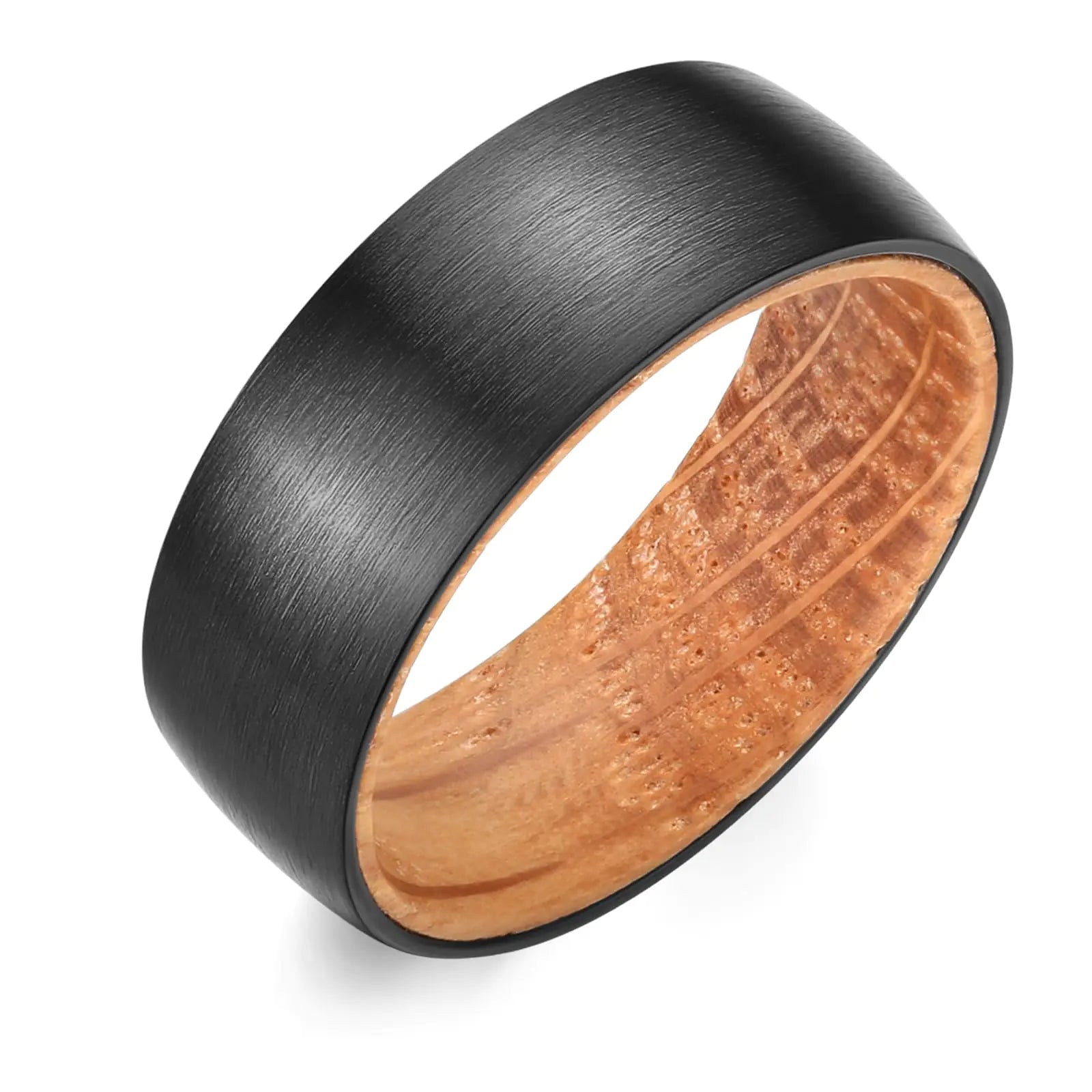 Adreamz 8mm Whiskey Barrel Wood Inlaid Inner Liner Black Stainless Steel Ring Matte Brushed Domed Fashion Promise Wedding Band for Men Women Comfort Ring Size 8