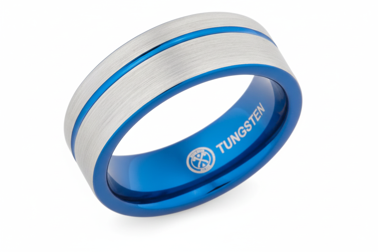 Blue Tungsten Ring with Matte Finish and Two-Tone Design