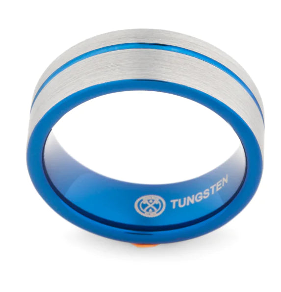 Blue Tungsten Ring with Matte Finish and Two-Tone Design
