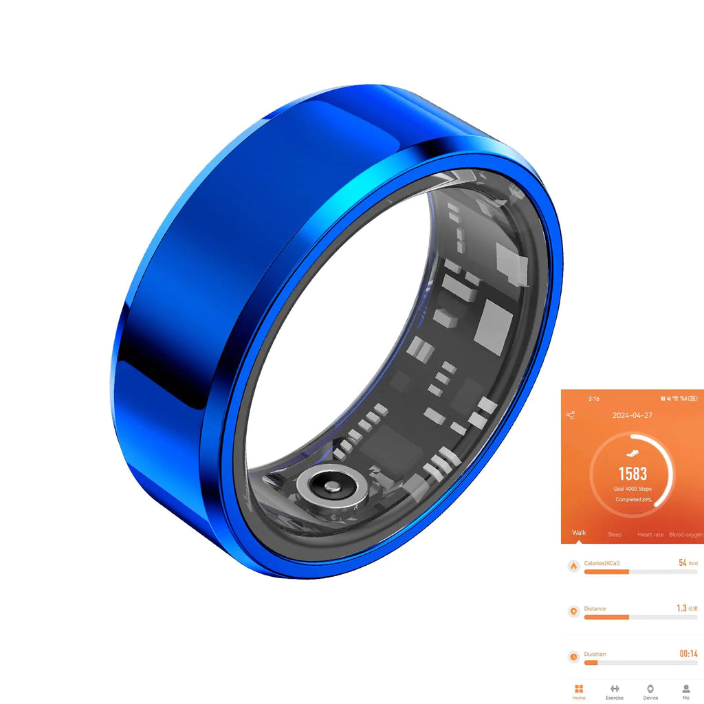 Tulbeys Fitness Tracker Smart Ring Step Counter for Walking Heart Rate Blood Oxygen Calorie Sleep Tracker Health Ring IP68 Waterproof Design Stainless Steel 5-7 Days Battery Life(Blue US10)