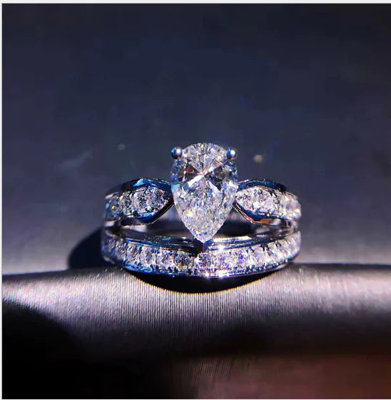 Water Drop Ring with Diamond, Double Layer Crown Design