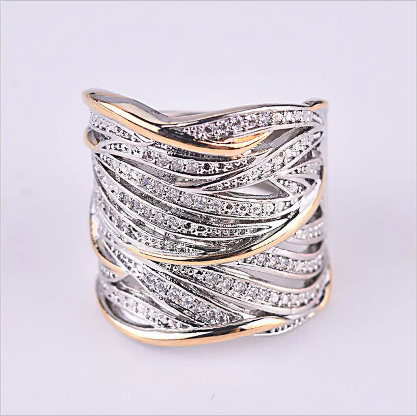 Creative Dual-Colored Gold Plated Zirconia Ring for Women