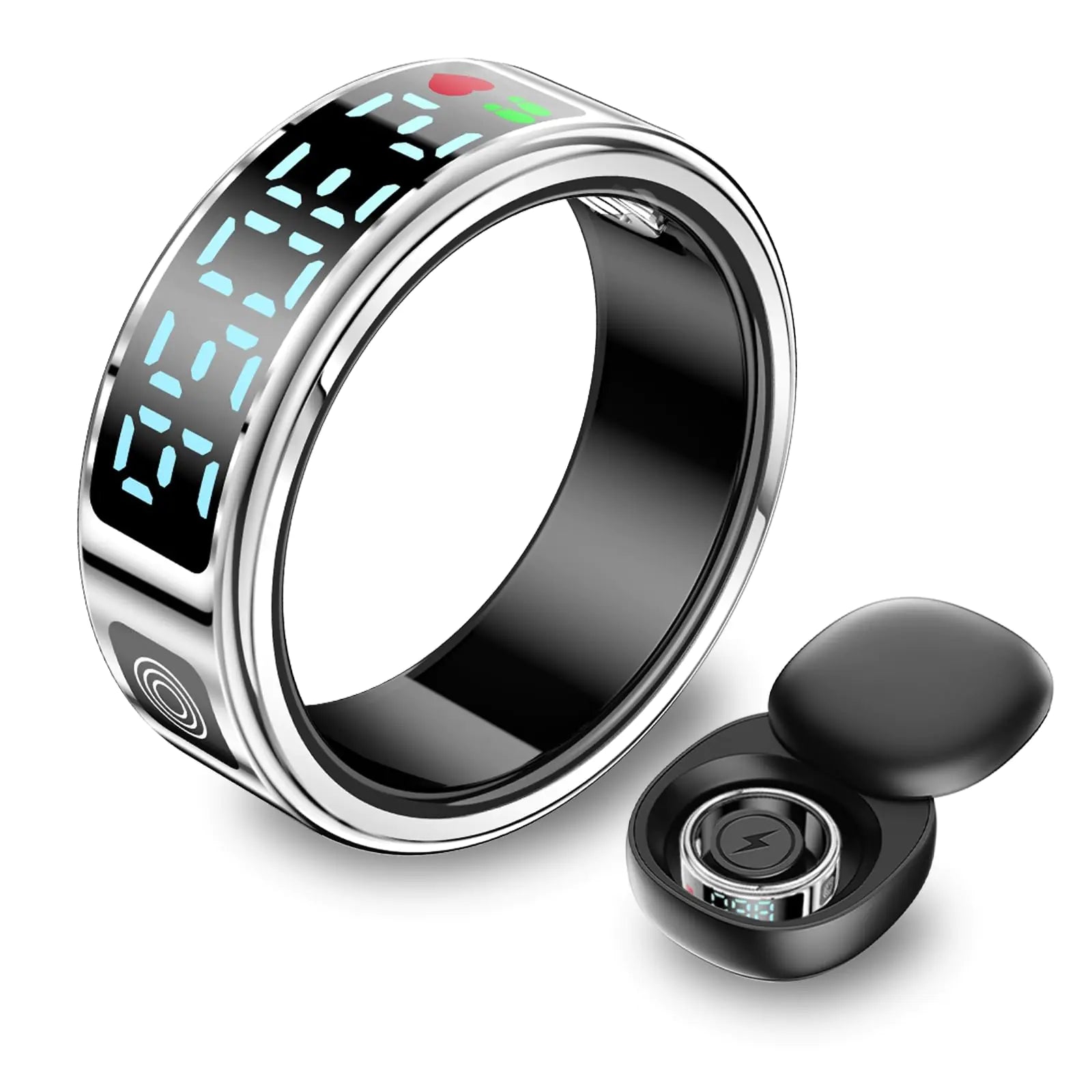 PaoShuTai Smart Ring with Digital Display Vital Health Ring with Sleep/Blood Oxygen/Heart Rate Monitoring Waterproof Fitness Tracker Remote Control for TikTok No Subscriptions(Silver8)
