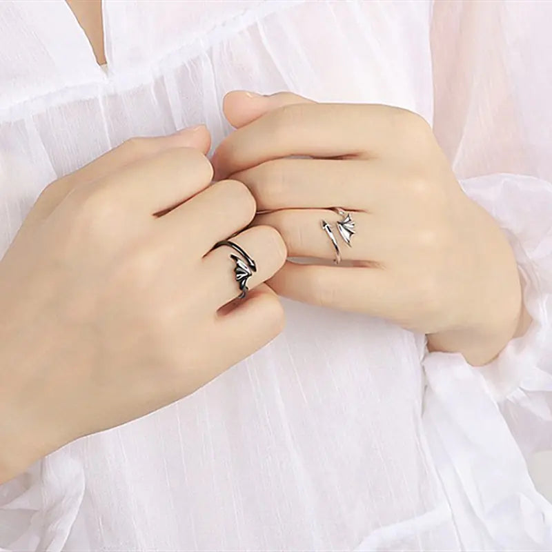 S925 Silver Angel Demon Wings Couple Rings (Adjustable)