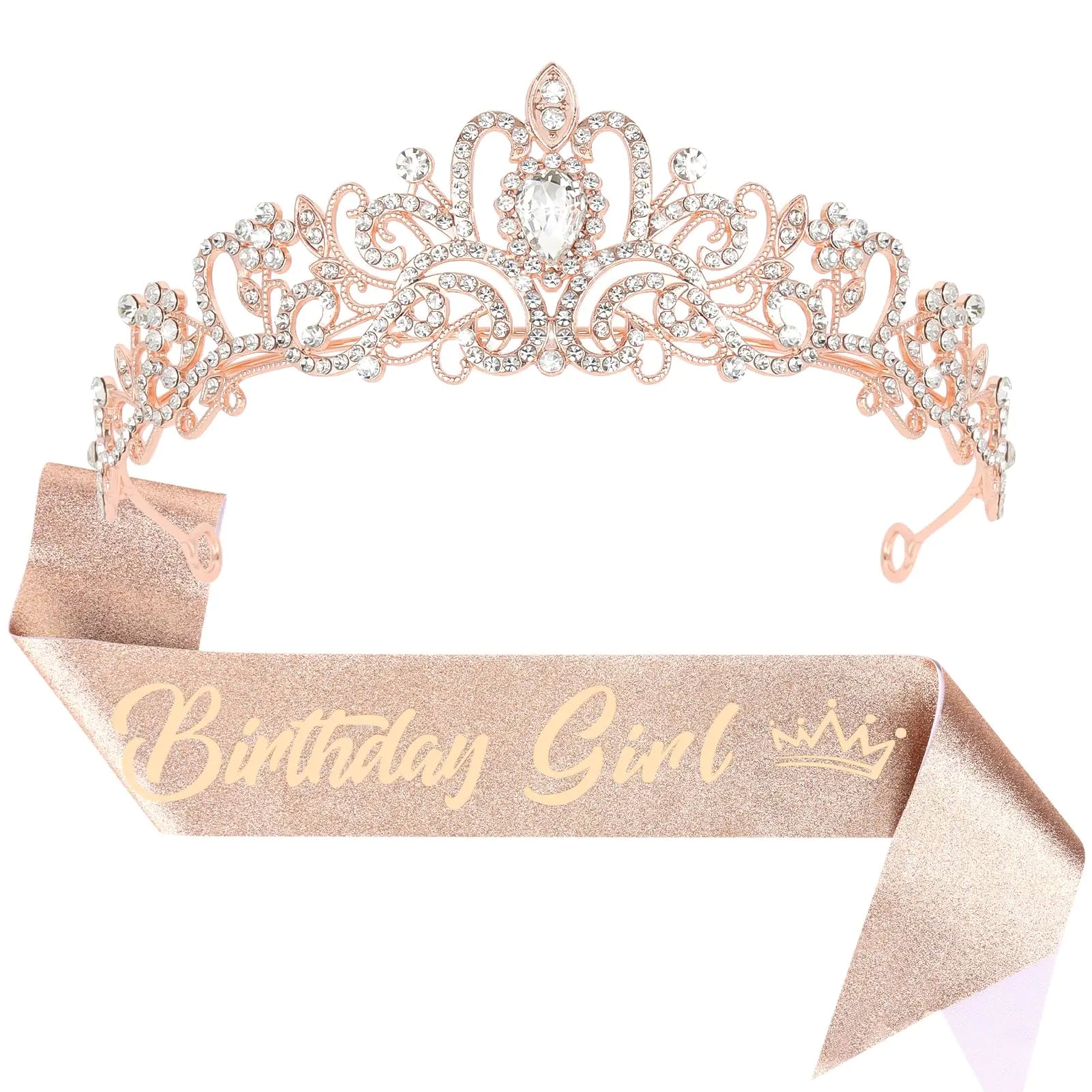 Jaciya Birthday Girl Sash Birthday Crown Rose Gold Crown for Women Girls Princess Tiara Birthday Party Decorations Gifts