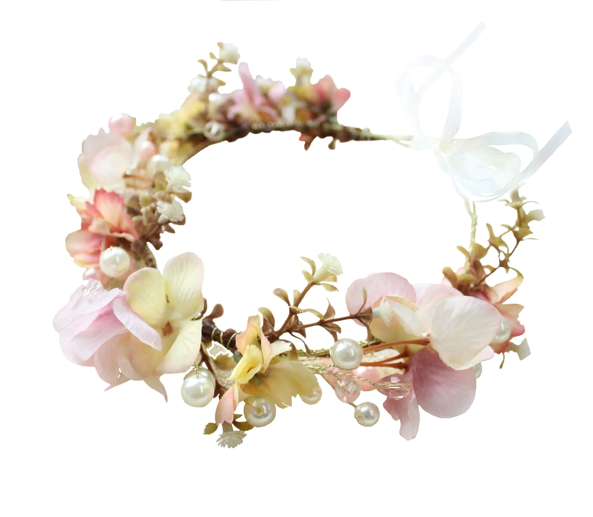 LLinfflr Pearl Flower Crown Floral Garland Headband Flower Halo Headpiece Hair Wreath Boho Wedding Photos Pink