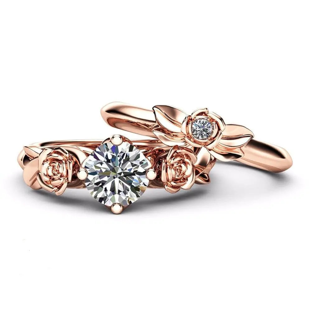 Rose Gold Couples Rings with Floral Diamond Design