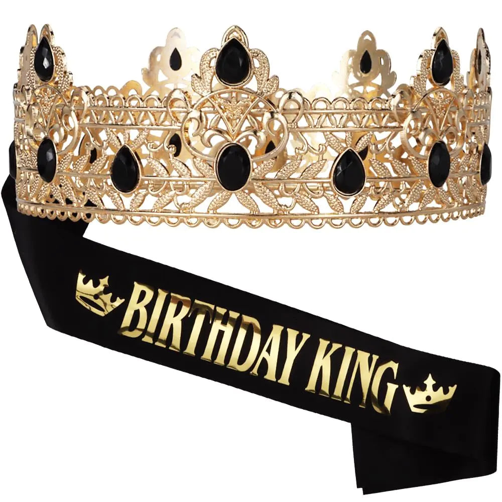 Ｎｏｏｎｈｏｒｓｅ Birthday King Sash Crown & Tiara for Men Birthday Party Decorations Accessories Set for Boy Prince Black and Gold 2PCS