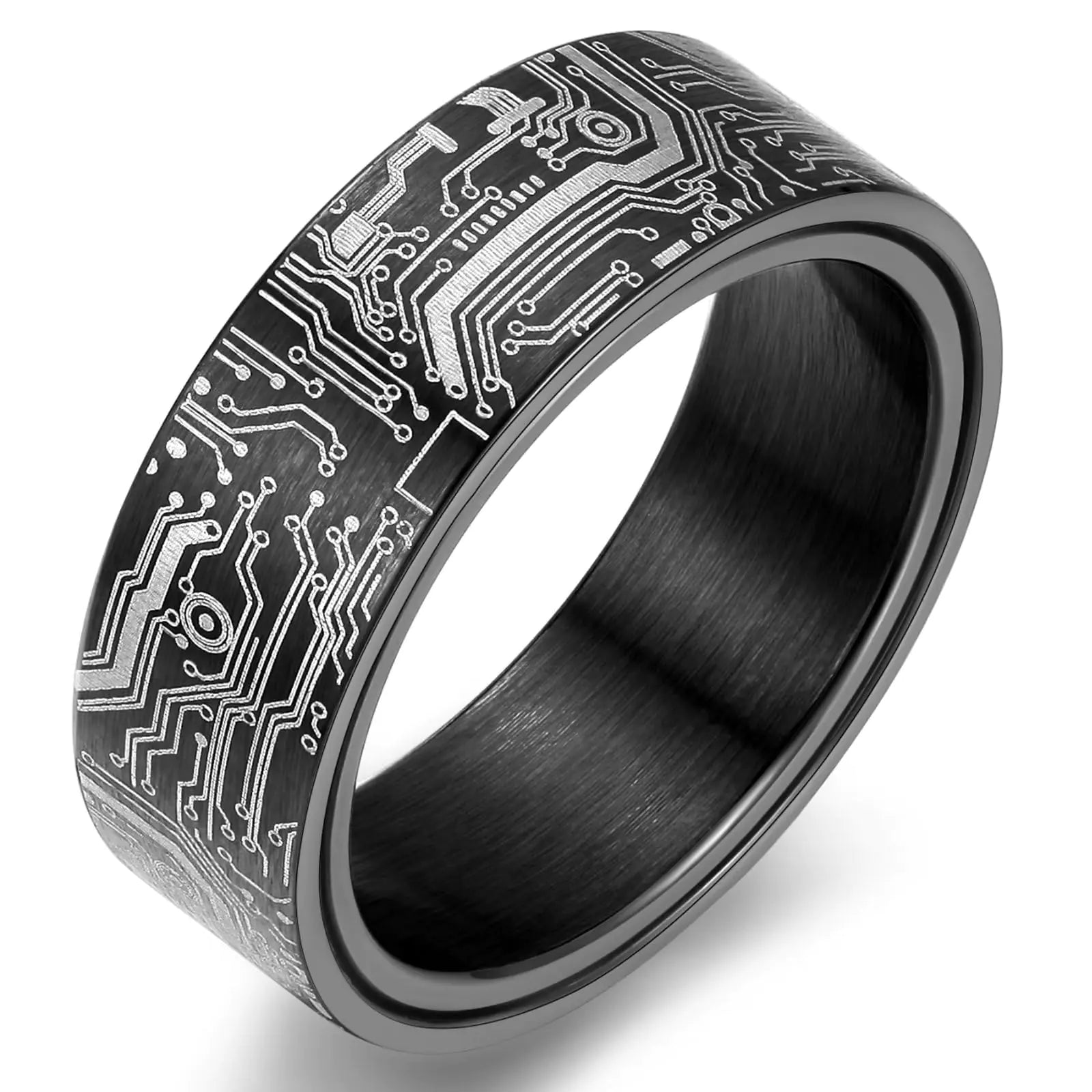 Adreamz 8mm Computer Circuit Board Pattern Ring - Spinner Fidget Ring for Men Anxiety Relieving Fidget Black Stainless Steel Ring For Men Programmer Wedding Ring 13